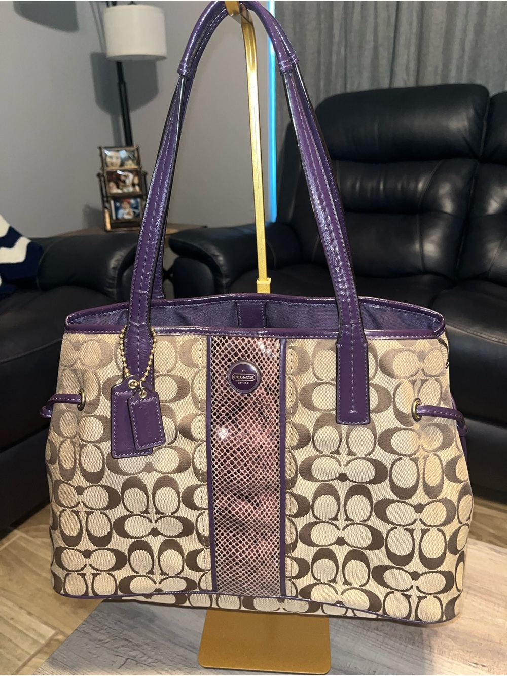 Coach Beige Signature Canvas Tote with Purple Python Leather Trim